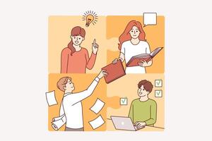 Successful team of friendly people who form single puzzle thanks to synergy and collaboration vector