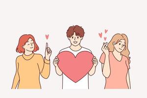 Love triangle between man with big heart and two girlfriends vying for attention of attractive guy vector