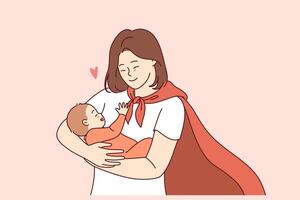 Supermom in red hero cape holds happy baby, smiling and rejoicing at birth of long-awaited son vector
