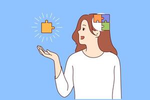 Process of self-discovery in girl with puzzle in head and hands, exploring own thoughts and behavior vector