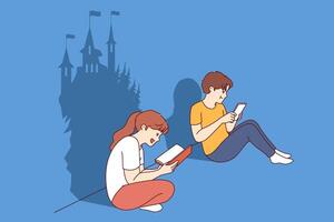 Girl develops imagination by reading book, sitting near little boy suffering from digital addiction vector