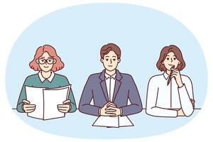 Business people from recruiting company conducting interview sitting at table in office vector