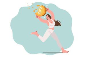 Problem of inflation destroys savings of woman suffering from crisis and running with coin in hands vector