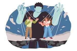 Villain manipulates people and uses intrigue, holding puppet master strings in hands vector
