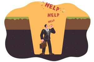 Trap for business man shouting help, standing at bottom of hole, as metaphor for bankruptcy vector