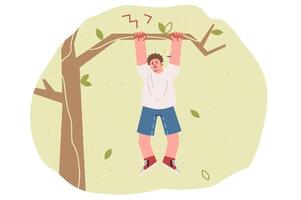 Teenage boy is at risk of falling from tree and getting injured, hanging on branch in need of help vector