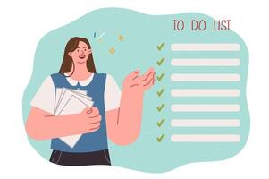 Woman fills out to do list and plans future day, following basic rules of time management vector