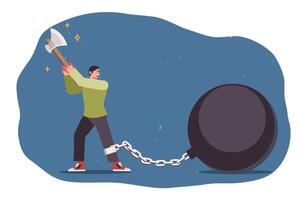 Attempt to get freedom from weight chained to leg, from man using axe, thanks to ambition vector