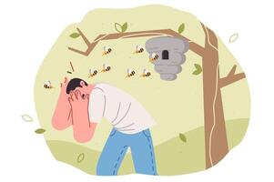 Swarm of bees attacks man who comes close to nest hanging on tree or touches hive vector