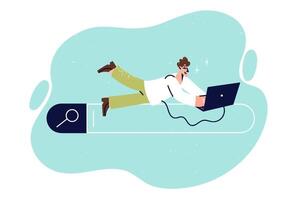 Man internet user lies on search bar of browser, and uses laptop to surf cyberspace vector