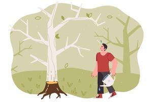 Problem of deforestation worries man, trying to save destroyed tree and prevent eco catastrophe vector