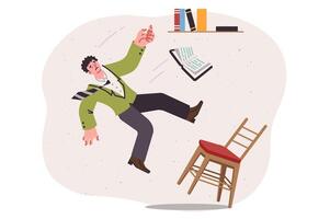 Man falls from chair, reaching for book located on shelf, and risks getting spinal fracture vector