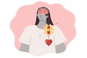 Harmony between intellect and emotions in woman, with electrical wire connecting two organs vector