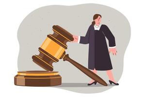 Woman judge makes fair decision for defendant who has broken law, standing near large gavel vector
