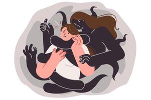 Panic attack in woman, become victim mental disorder in form of monster using strangulation vector