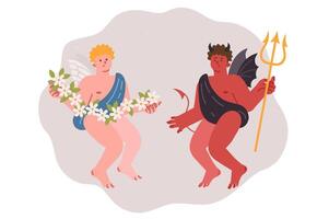 Angel and devil symbolize contrast good and evil, for concept of choosing way to solve problem vector