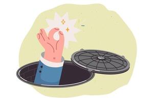 Man demonstrates resistance to stress by falling into sewer and showing ok gesture vector