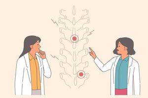 Injured spine is examined by two doctors, discussing possibility of using alternative medicine vector