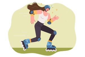 Woman roller skates, enjoying speed, dressed in protective helmet and pads for knees and elbows vector