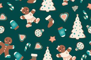 Winter seamless patterns with gingerbread cookies. Awesome holiday background. Christmas repeating texture for surface design, wallpapers, fabrics, wrapping paper etc. illustration vector