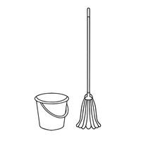 Mop and bucket, cleaning contour icons. illustration with one line. Isolated icon suitable for web pages, infographics, interface and applications vector