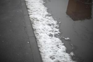 Melted snow on road. Large puddle in spring. Lots of water on asphalt. photo