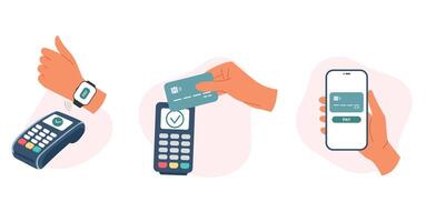 Set of hands use credit card, smartwatch to make contactless payment with POS terminal using NFC technology vector