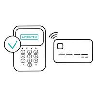 POS terminal with green checkmark with approved payment by credit or debit card icon. Editable vector