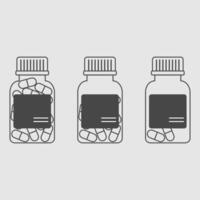 Set of full, half filled and empty plastic bottles with pills. Outline bottle icons vector