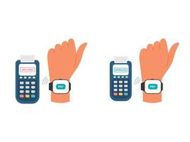 Set of illustrations with approved and declined payments with a smart watch on wrist at the pos terminal. NFC payment concept vector