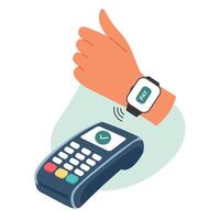Human hand is making payment using a contactless system on smartwatch. Pos terminal with green checkmark on screen vector