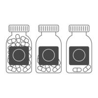 Set of linear medical bottles with pills, full, half filled and with two drugs. Outline bottle icons vector