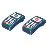 Set of two POS terminals with red cross sign and green checkmark. Side view of terminal machine vector