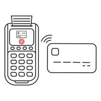 Pos terminal with credit card and cross mark on screen. Rejected payment with printed receipt of canceled operation vector