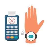 Pos terminal with red cross sign and hand with smart watch. Rejected contactless payment vector