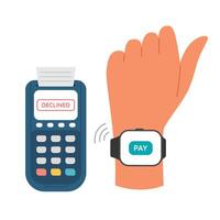 Unsuccessful declined payment. Hand paying by smart watch with NFC technology at POS terminal vector