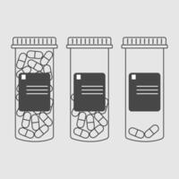 Outline drawing of medicine bottle with pills, full, half filled and with two capsules vector