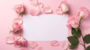 Pink roses petals with blank card mockup on soft pink background. Romantic elegant setting. Paper template advertising image. Valentines Day event mock up product photorealistic photo