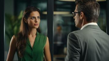 Intense business discussion in modern office image. Corporate dialogue between woman in green blouse and man in suit photography scene. Workplace interaction concept photorealistic photo