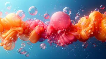 Paint flow and clear air bubbles under water 3d rendering image. Pigment explosion abstract composition background wallpaper colorful realistic. Creative decor concept idea photo