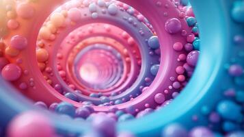 Vibrant tunnel with plastic rings and balls 3d rendering image. Abstract pass to imaginary land lit by sunlight background wallpaper colorful realistic. Playground concept idea photo