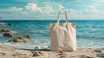 Canvas beach bag mockup on sandy shoreline with seashells. Calm ocean and bright blue sky totebag template advertising image. Peaceful coastal scene mock up product photorealistic photo