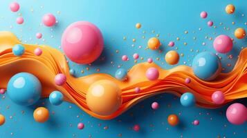 Glossy drops and fluid of liquid 3d rendering image. Vibrant bubbles with wavy flow on blue background wallpaper colorful realistic. Abstract decorative scene concept idea photo