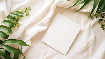 Blank paper mockup on soft fabric with lush greenery. Eco-friendly stationery template advertising image. Wedding invitation. Simple natural composition mock up product photorealistic photo