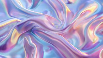 Unique silver iridescent silk fabric sheet closeup image. Hypnotizing glowing satin textile close up photography. Futuristic tailoring material presentation concept photo realistic
