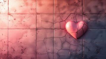 Pink heart embedded in cracked tiled wall background image. Broken love illuminated by soft warm light photo backdrop wallpaper realistic. Fragility of emotions concept photorealistic