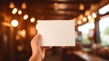 Hand holding blank card mockup with blurred warmly lit cafe. Cozy ambiance. Cafeteria coffeeshop. Event promotion template advertising image. Branding mock up product photorealistic photo