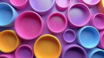 Various rings and cups arranged in pattern top view 3d rendering image. Vibrant ornament of round details background wallpaper colorful realistic. Geometric style concept idea photo