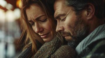 Mature couple hugging closely in sorrow moment closeup image. Eyes closed spouses embracing with furrowed brows close up photography. Comforting and vulnerability concept photo realistic