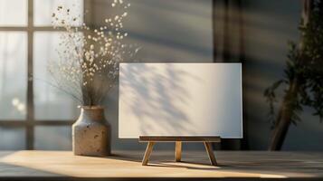 Small picture mockup with easel and flowers on table. Artwork template on wooden stand at bright sunlight advertising image. Drawing mock up in art studio product photorealistic photo